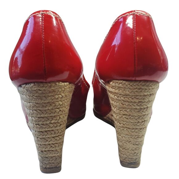 Prada Red Patent Leather Wedge Peep Toe Heels Women Shoe 36.5 US 6.5 - Picture 5 of 12